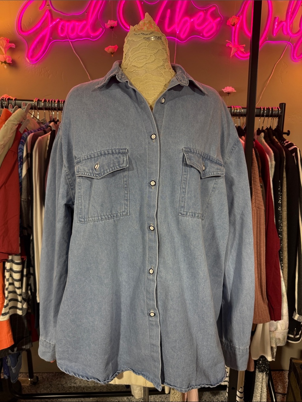Light Blue Denim Button-Up Shirt - Casual Oversized Blouse Med weight